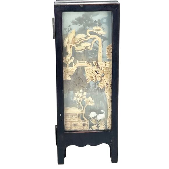 Vintage Asian Carved Cork Diorama Black Lacquer 4 Panel Mini Folding Screen - Picture 3 of 16